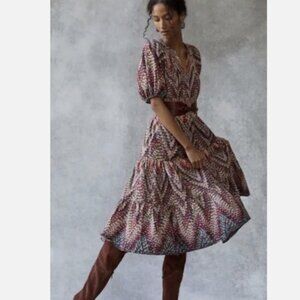 Anthropologie Puff-Sleeved Midi Dress Conditions Apply Chevron 26W NWT 26 W Plus